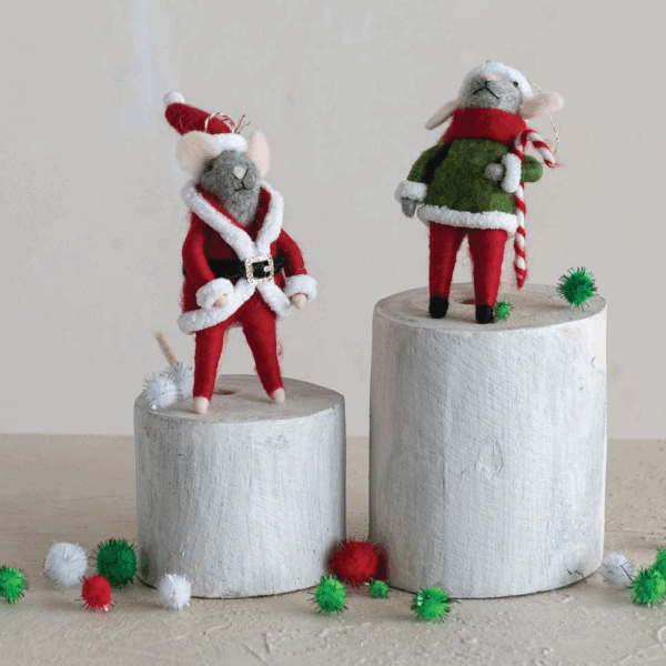 Handmade Wool Felt Mouse Ornament, Red & Green, 2 Styles