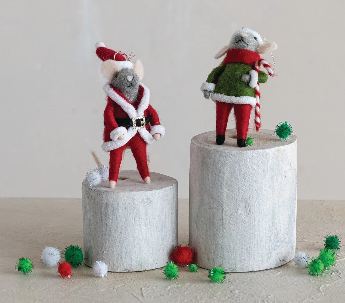Handmade Wool Felt Mouse Ornament, Red & Green, 2 Styles