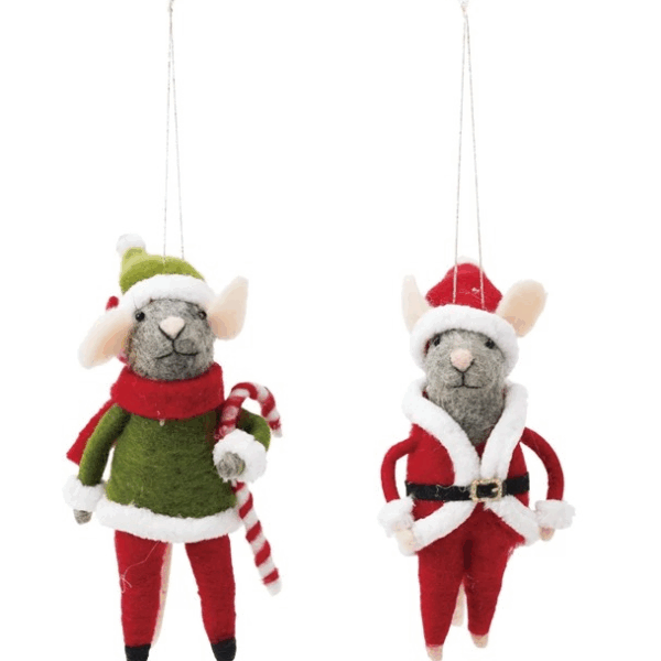 Handmade Wool Felt Mouse Ornament, Red & Green, 2 Styles - Image 2