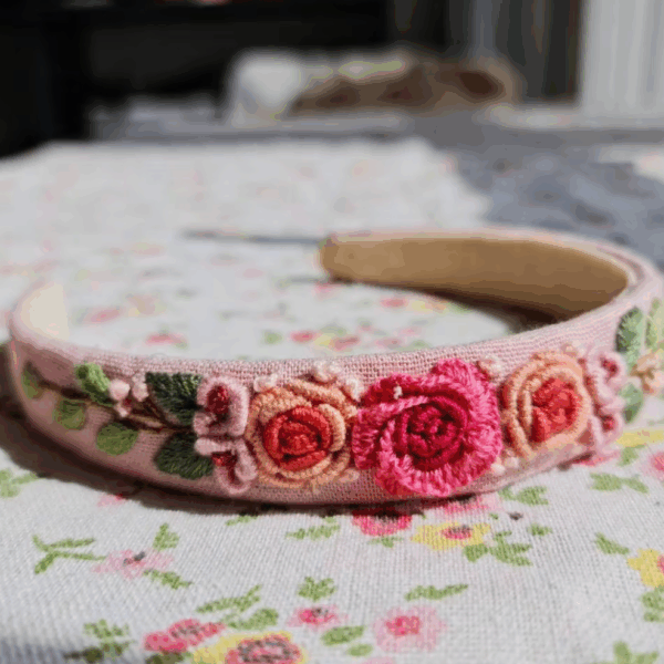 Floral Embroidered Headband Mauve Roses - Image 9