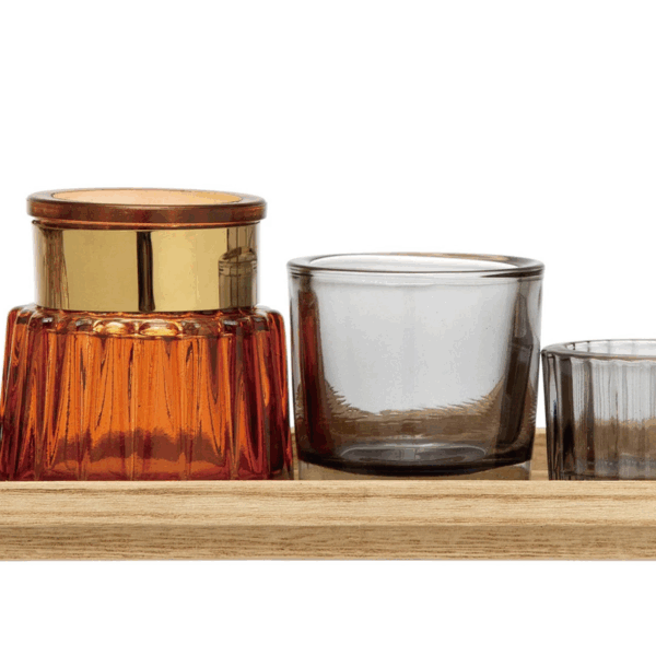 Wood Tray w/5 Glass Tealight Holders, Multi Color, Set of 6
