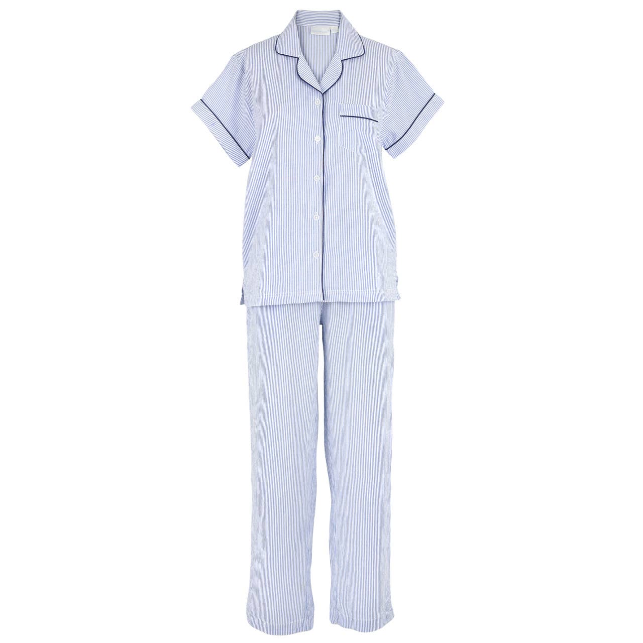 Blue Seersucker-Navy Short Sleeve Long Pant Pajamas: S
