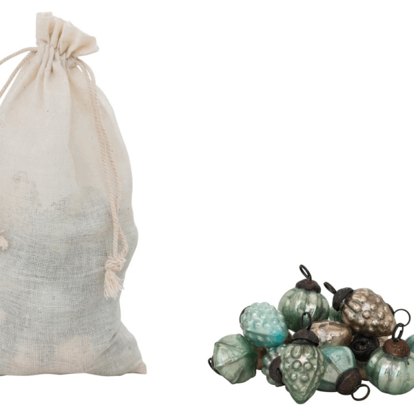 Embossed Mercury Glass Ornaments in Muslin Bag, Set of 36