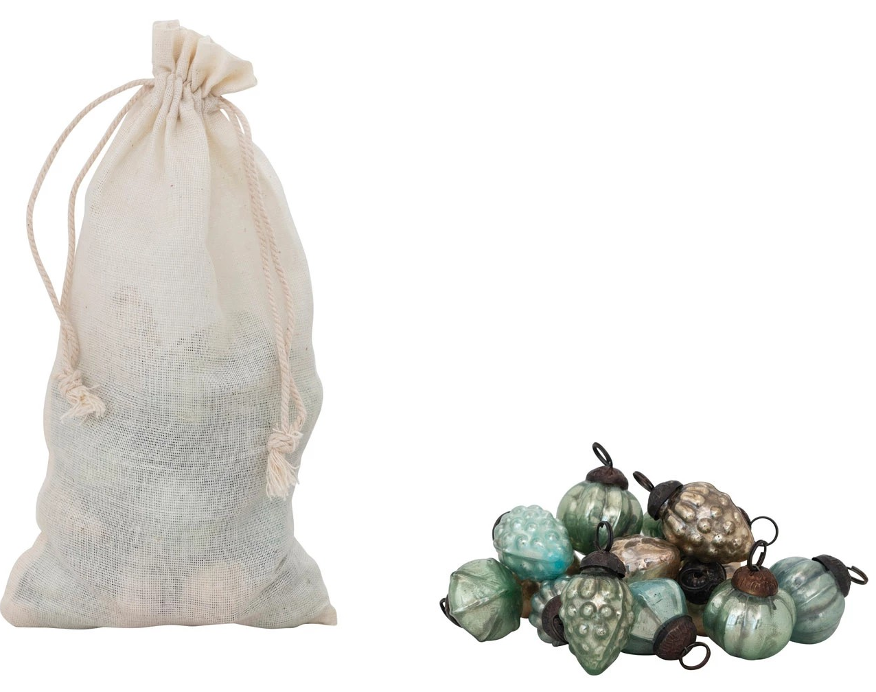 Embossed Mercury Glass Ornaments in Muslin Bag, Set of 36