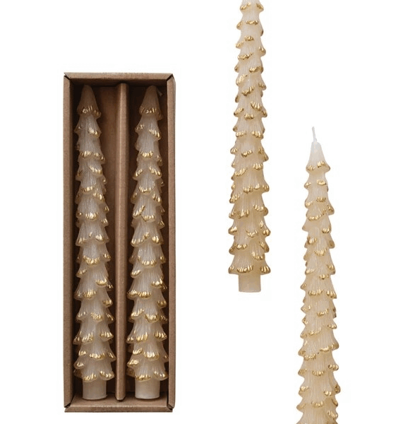 Unscented Tree Shaped Taper Candes in Box, Eggnog Color, Set of 2