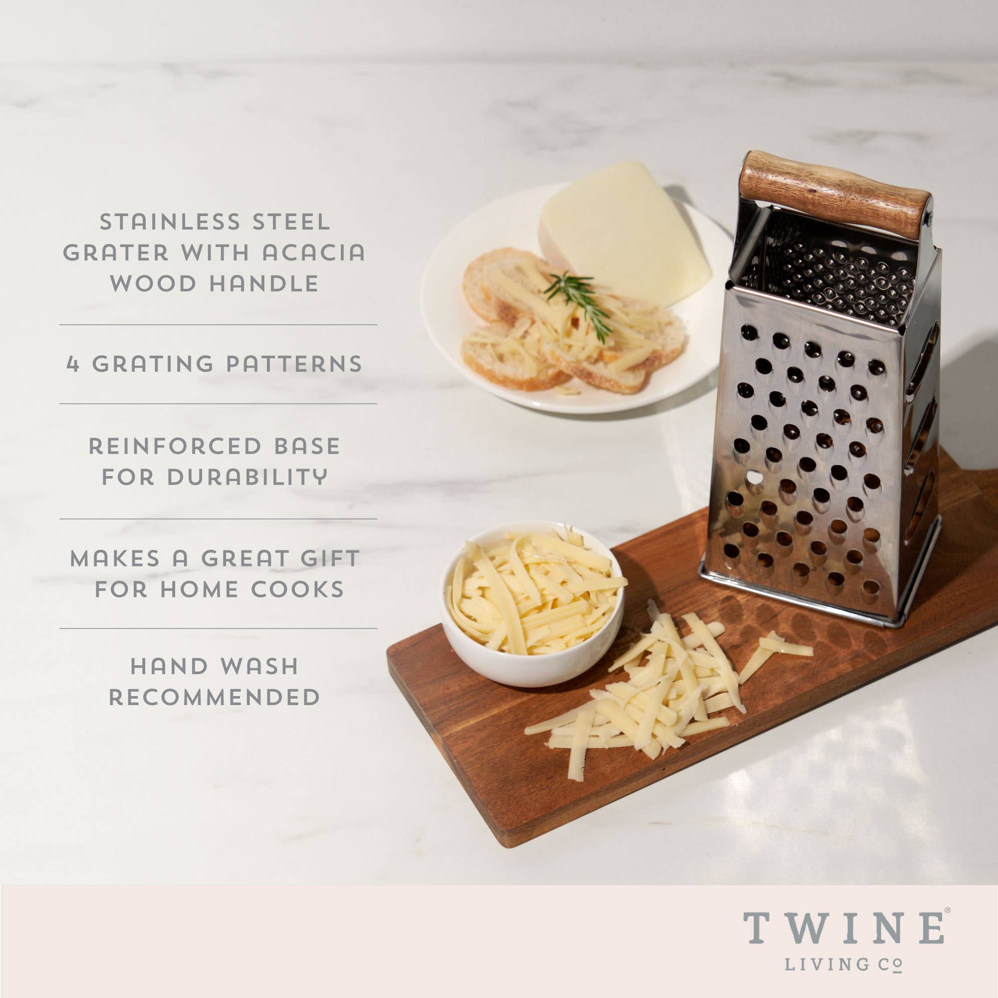 Twine - Acacia & Stainless Steel Cheese Grater w/ 4-Grating Patterns - Image 3
