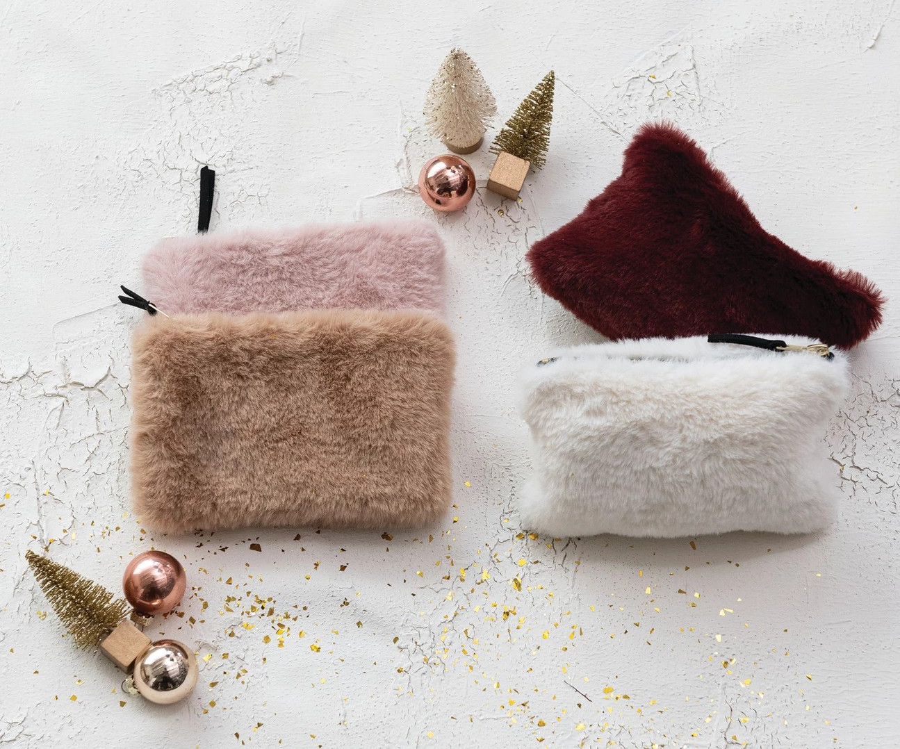 Faux Fur Fabric Zip Pouch with Interior Lining