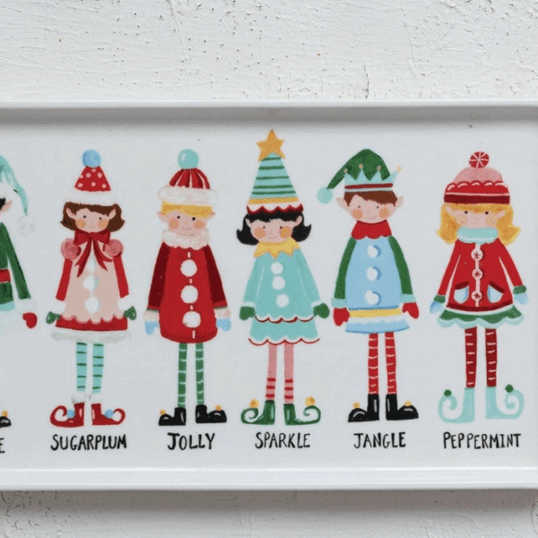 Stoneware Platter with Santa's Elves, Multi Color