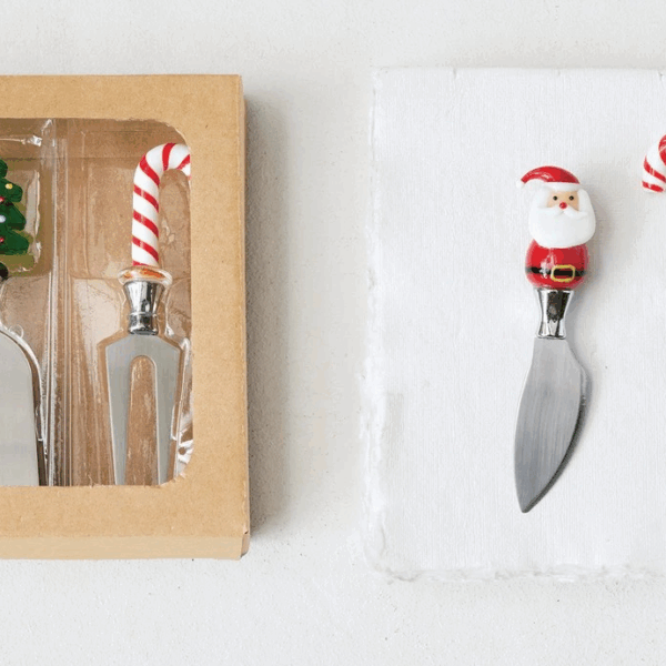 Cheese Knives with Hand-Blown Glass Holiday Icon Handle, Boxed Set of 3