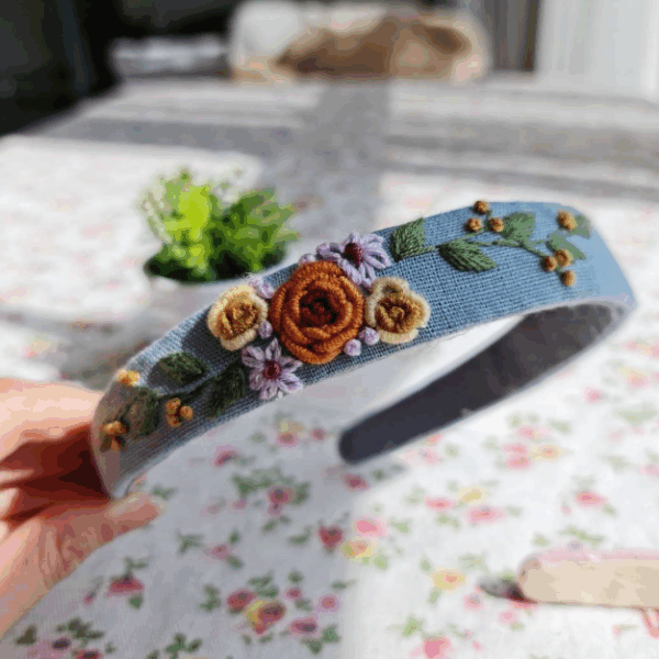 Floral Embroidered Headband Mauve Roses - Image 6