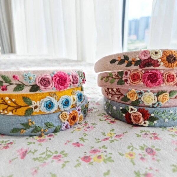 Floral Embroidered Headband Mauve Roses - Image 3