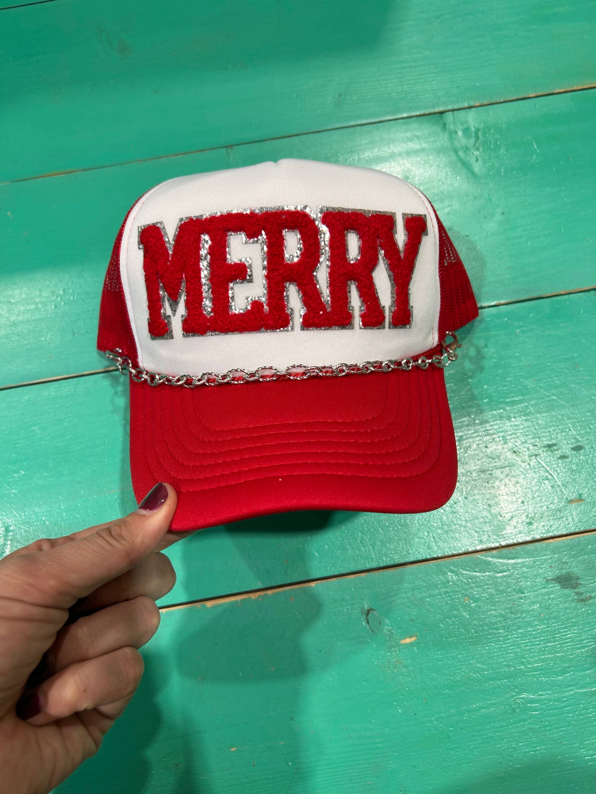 Red Chenille Merry Trucker | Christmas Cap| Holiday| Santa: White/Red Foam