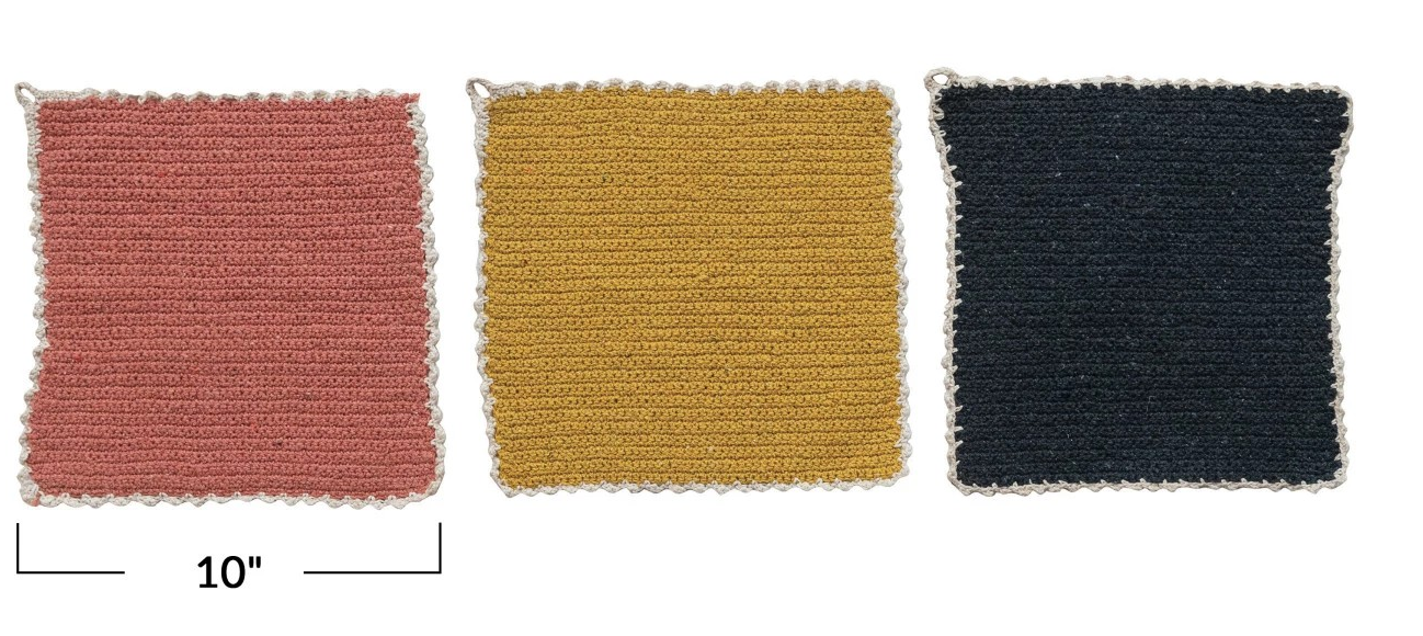 Cotton Blend Crocheted Dish Cloth w/ Natural Trim, 3 Styles