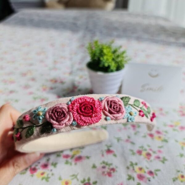 Floral Embroidered Headband Mauve Roses - Image 7