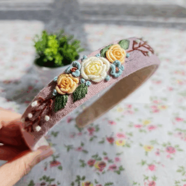 Floral Embroidered Headband Mauve Roses - Image 10