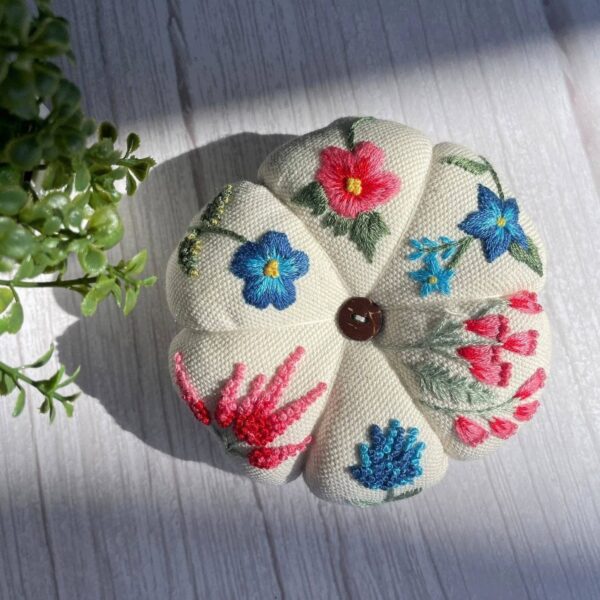 Pink & Blue Flower Garden Embroidered Pincushion - Image 2