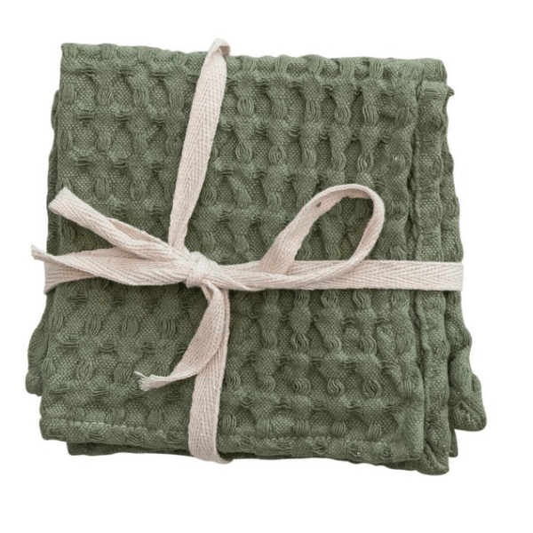 Stonewashed Cotton Waffle Weave Dish Cloths, Green, Set of 3 - Image 2