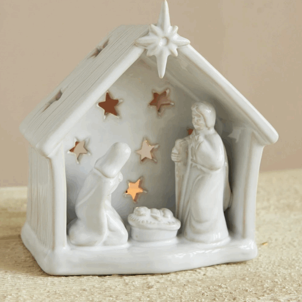 Stoneware Holy Family Tealight Holder with Star Cut-Outs, White - Image 2