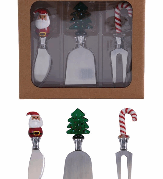 Cheese Knives with Hand-Blown Glass Holiday Icon Handle, Boxed Set of 3 - Image 2